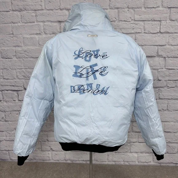 Vintage Azzure Blue Puffer Jacket Hooded Zip Up Bomber Style Reversible MNEW